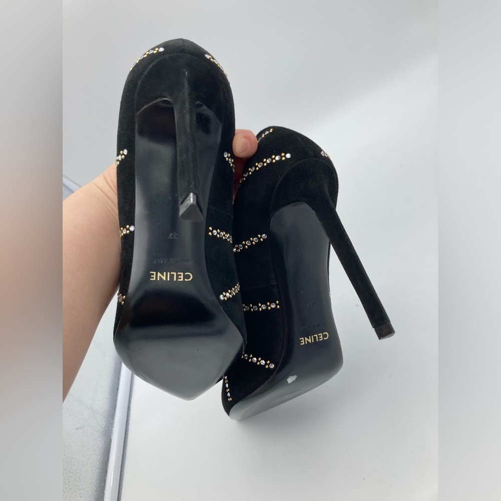 LIKE NEW CELINE SHARP SEUDE STUDDED CRYSTAL ACCENTS PUMPS HEELS 37 - Picture 5 of 8